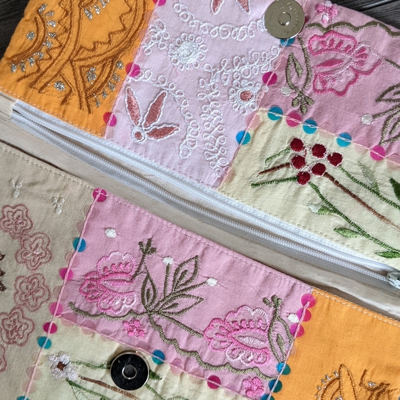 Boho Patchwork Embroidered Fabric Clutch Sequins Orange Pink Cream - Picture 3 of 6